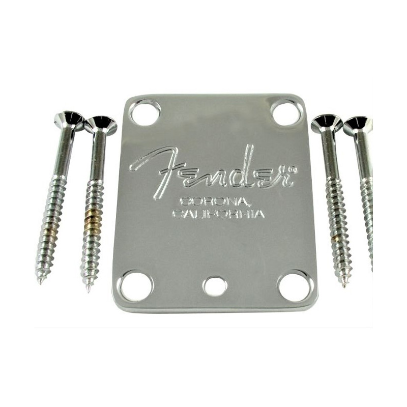 Original Fender® neck plate with mounting screws. Chrome.