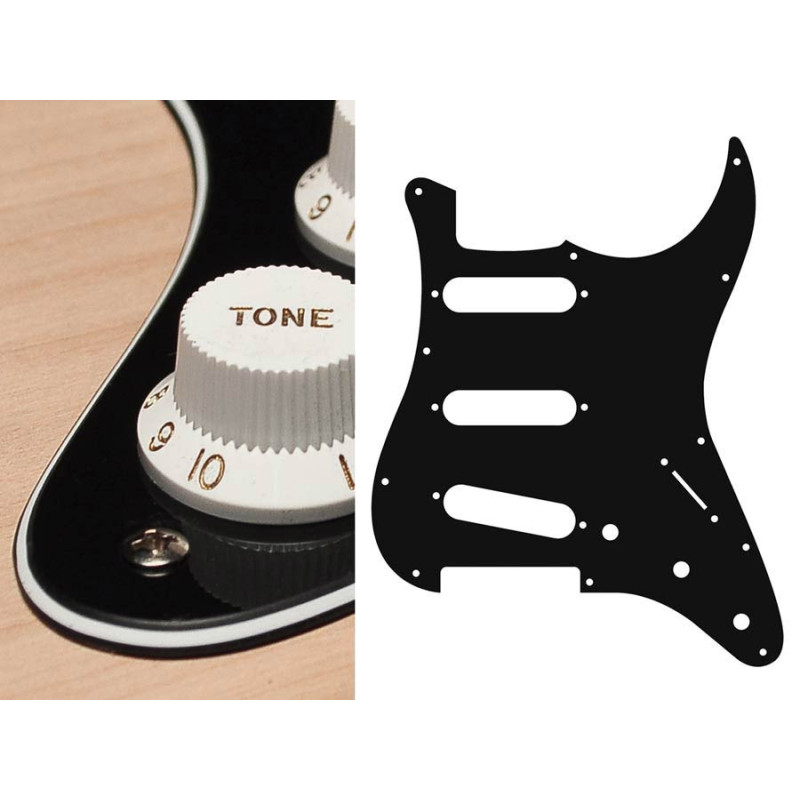 Pickguard, standard, SSS, 3 pot holes, 3-5 switch, 3 ply, black